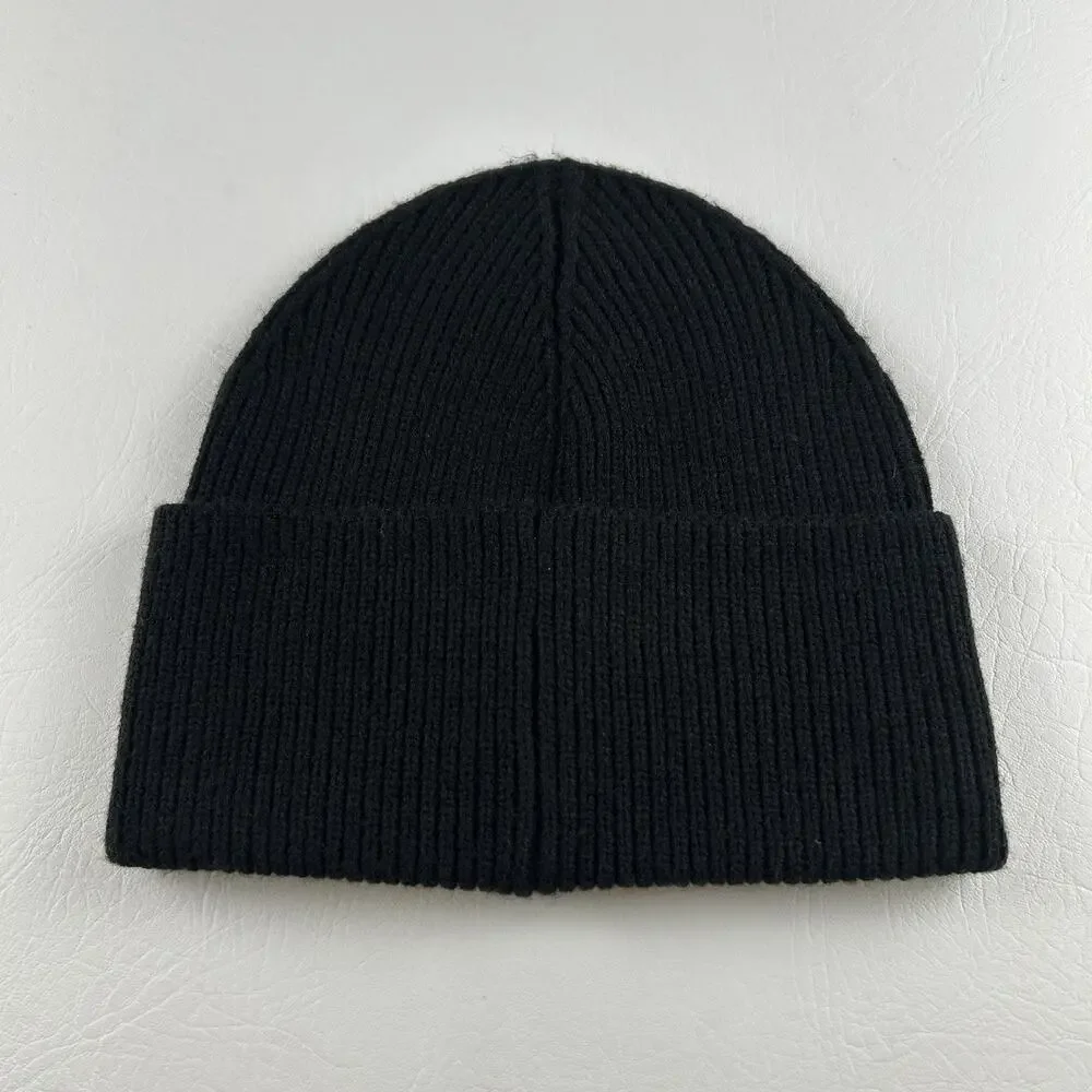 Kurt Geiger London Black Ribbed Knit Beanie Multicolor Logo Patch Cuffed Hat